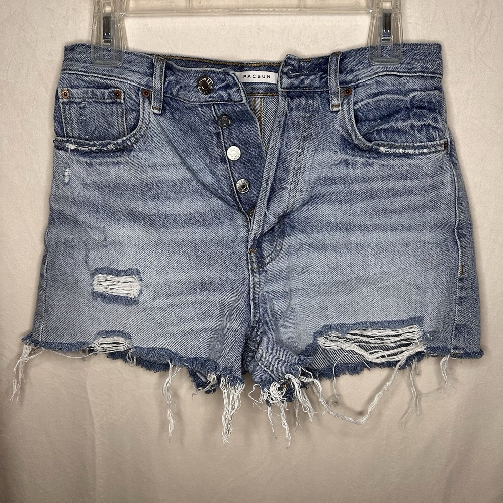 Vintage Y2K PacSun Micro Mini High Rise Denim Distressed Button Fly Size 26 Blue
